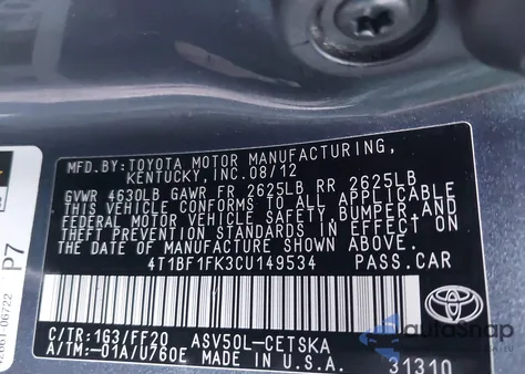 2012 Toyota Camry Se from USA, damaged, VIN 4T1BF1FK3CU149534